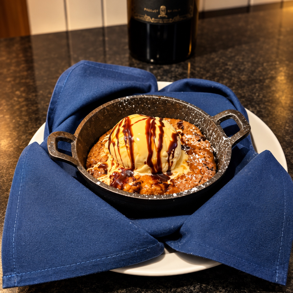Warm skillet cookie topped with vanilla ice cream and chocolate sauce, surrounded by blue napkins on a white plate.