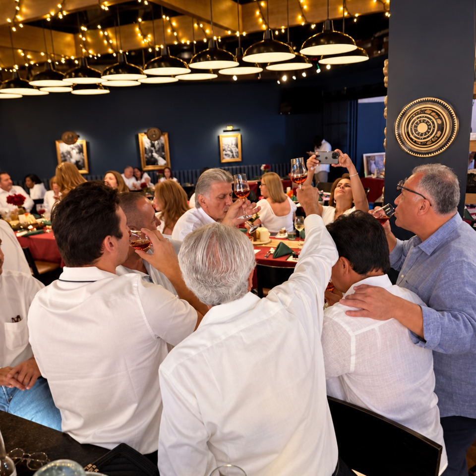 Restaurant guests raise wine glasses together beneath warm pendant lights and string lights in an elegant dining room.
