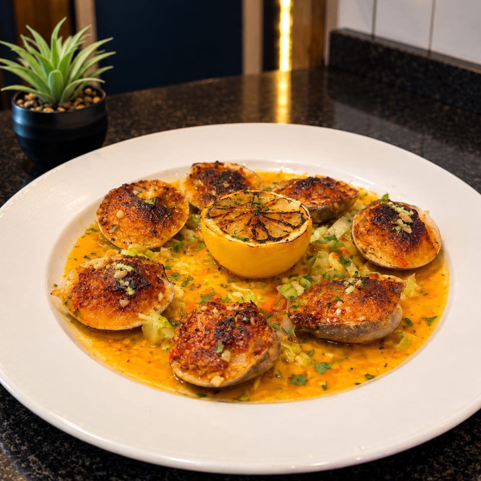 Seared scallops and grilled lemon served in a vibrant herb sauce on a white plate.