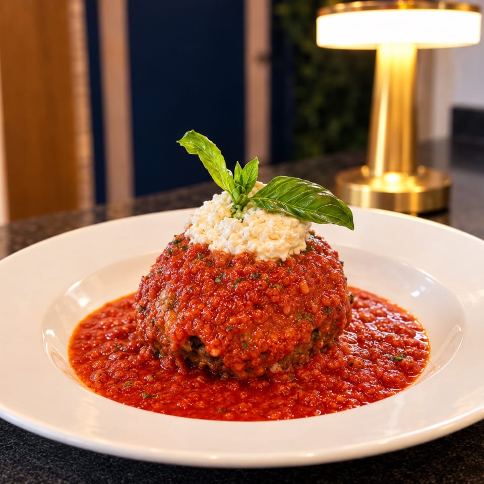 Italian meatball topped with creamy cheese and basil, served in tomato sauce on a white plate.