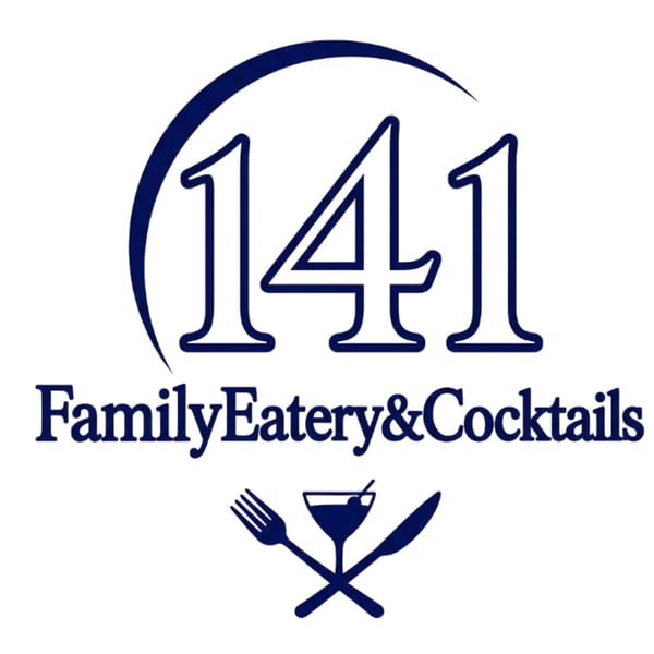 Navy restaurant logo featuring stylized “141,” the words “Family Eatery & Cocktails,” and crossed fork, cocktail glass, and knife.