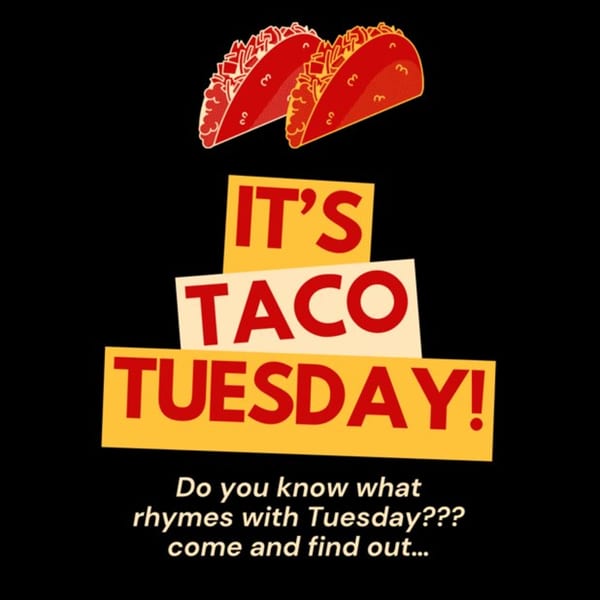Two red tacos above "IT'S TACO TUESDAY!" text on a black background.