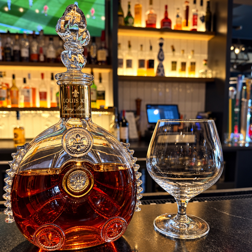 Louis XIII cognac decanter and empty snifter on a polished bar, with illuminated liquor shelves in the background.