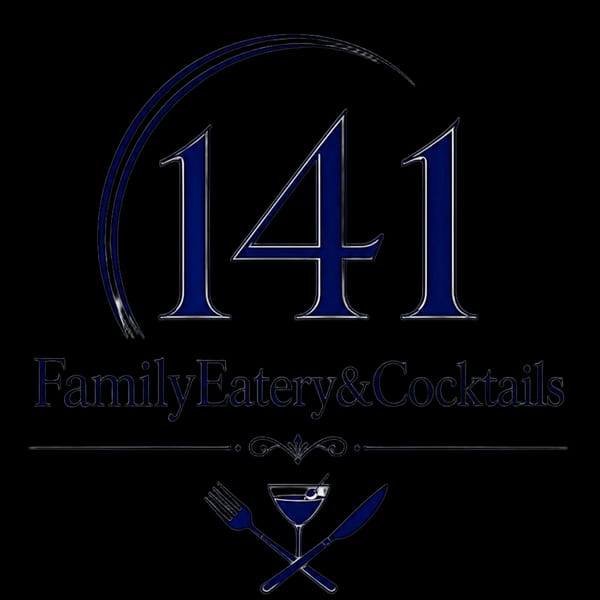 Blue and silver restaurant logo reading “141 Family Eatery & Cocktails,” with crossed fork, knife, and cocktail glass.