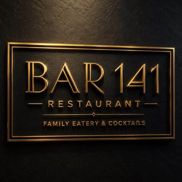 A luxurious gold and black sign for "BAR 141 RESTAURANT FAMILY EATERY & COCKTAILS" on a dark textured wall.